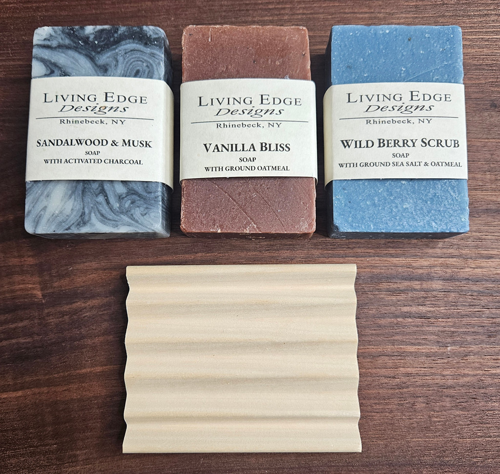 Natural Hand Crafted Soap Set, Sandalwood, Musk, Vanilla, Oatmeal, Wild Berry with Natural Wood Soap Dish. Made in the USA