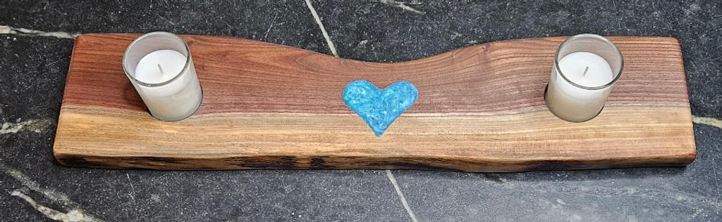 Black Walnut votive candle board with blue heart