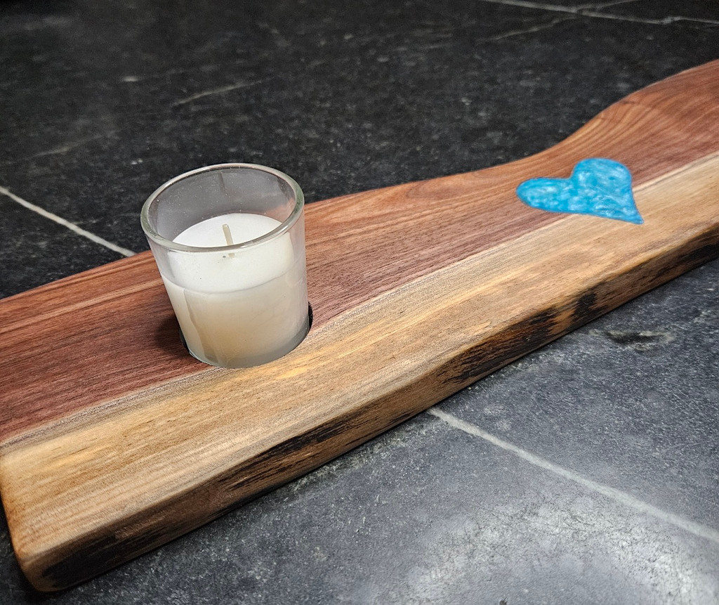 Black Walnut votive candle board with blue heart
