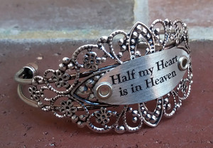 "Half my Heart is in Heaven" Silver Flower Cuff Bangle Bracelet (657)