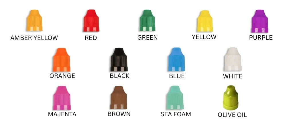 LDPE dropper bottle cap colors: amber yellow, red, green, yellow, purple, orange, black, blue, white, magenta, brown, sea foam, olive oil
