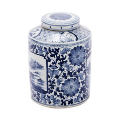Legends of Asia Blue & White Porcelain Dynasty Tea Jar Floral Landscape Medallion 
