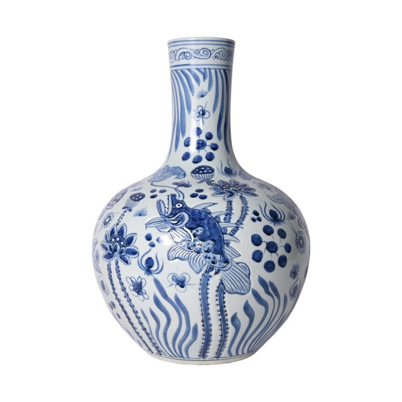 Legends of Asia Blue and White Carved Fish Globular Vase 