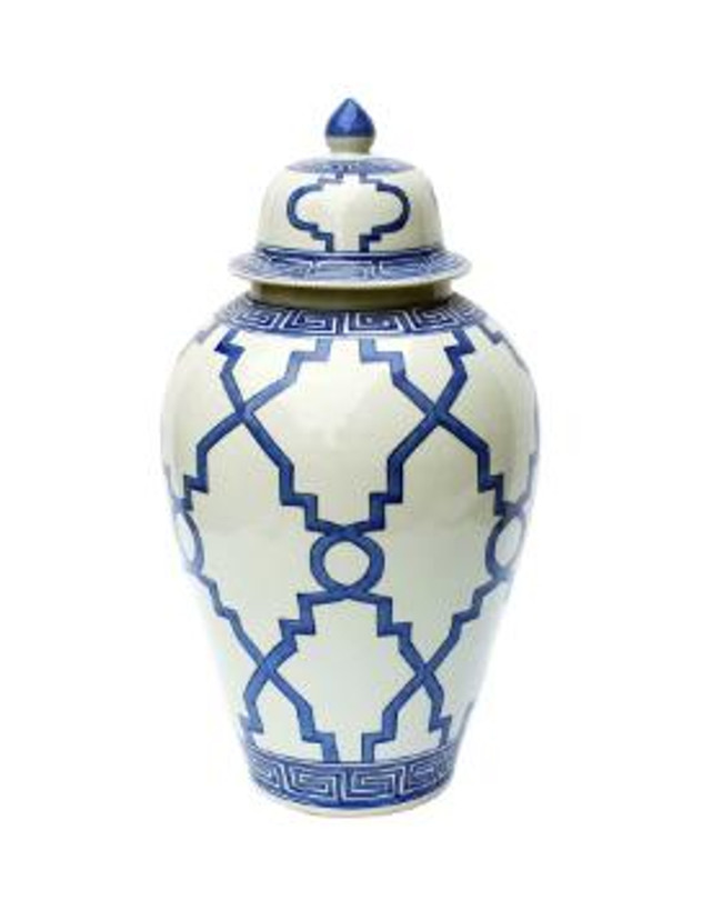 Legends of Asia Blue and White Greek Key Grids Heaven Jar 