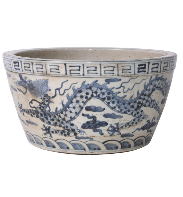 Legends of Asia Blue and White Ming Dragon Phoenix Basin Planter 