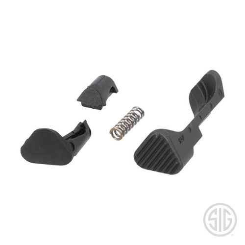This extended magazine release catch for the SIG Sauer P365 includes the parts to fit all P365 series pistols and is the factory replacement for the P365 XMacro.

This kit provides two improvements if you have the standard width P365 or P365XL grip module.

An extended-release for those who may have difficulty reaching the magazine release button with their thumb
A textured magazine release button

The kit includes the following components.

Extended magazine catch (Magazine release button)
Magazine catch spring
Magazine catch stop (P365X, P365 SAS, and P365XL)
Magazine catch stop, long (P365 XMacro)

SIG Sauer Part Number: 8901413
SIG Sauer UPC Code:

P365 Extended Magazine Release Additional Information

This kit includes the longer, OEM factory magazine release (catch) for the P365 XMacro. This is the kit to order if you need the OEM magazine release and parts for your P365 XMacro.

If you are looking for an OEM factory extended magazine release (catch) for the smaller P365, P365XL or similar models, this kit fits your requirements. It includes two magazine catch stops. The kit can fit both grip module sizes.

This extended magazine catch assembly includes all the parts you need for the magazine release.