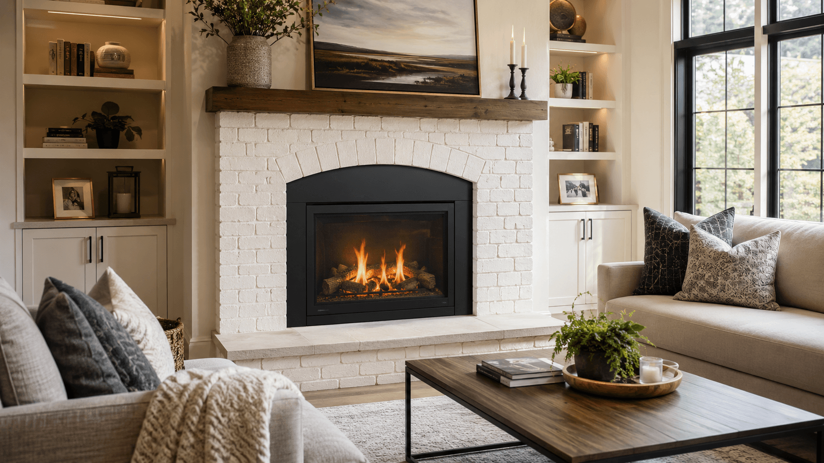 Modern living room with a gas fireplace insert installed in an existing masonry firebox
