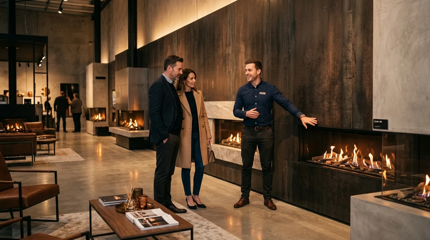 Premium fireplace showroom with expert consultant helping customers choose the right fireplace