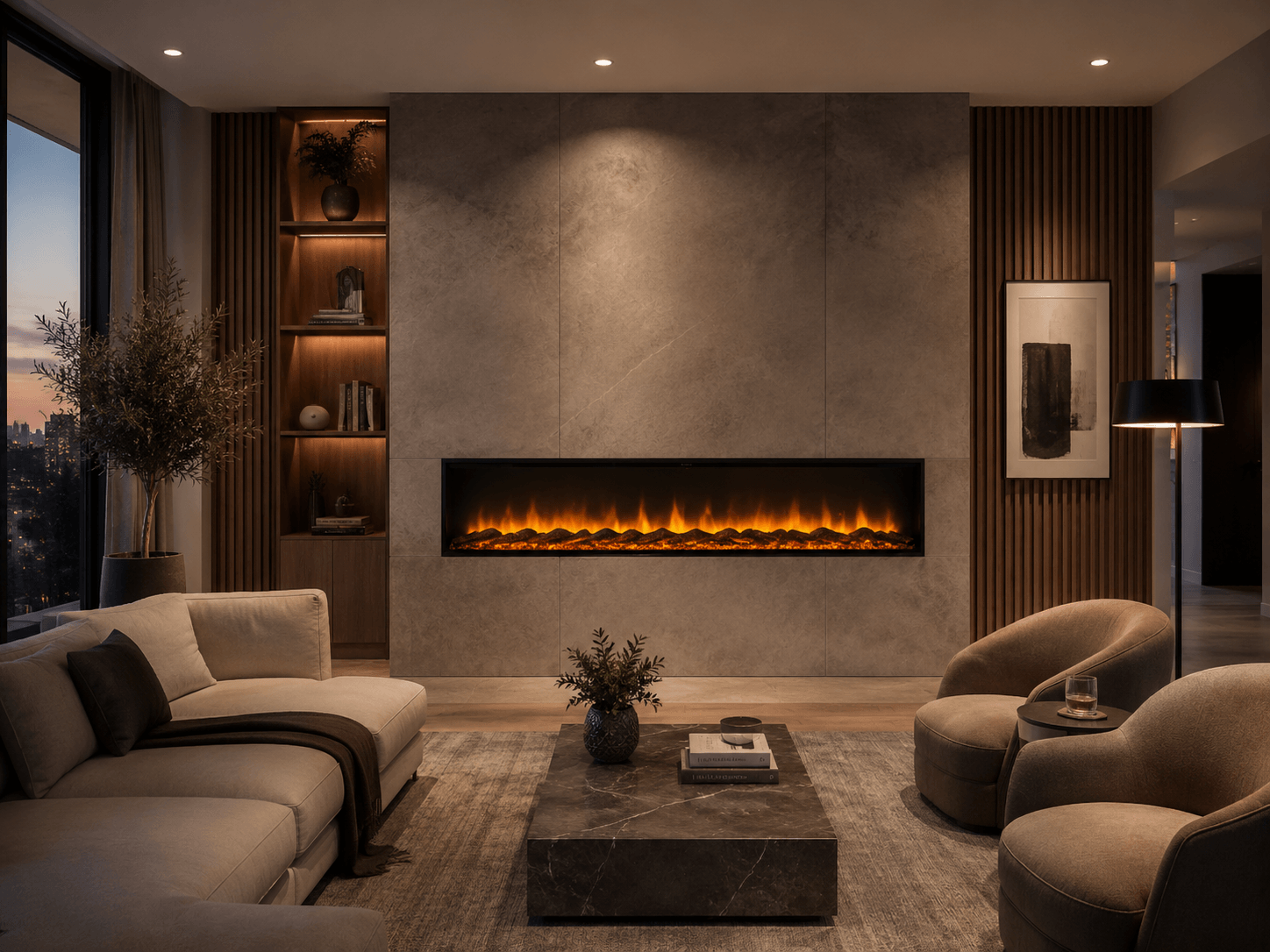 Modern linear electric fireplace mounted on a feature wall in a contemporary living room