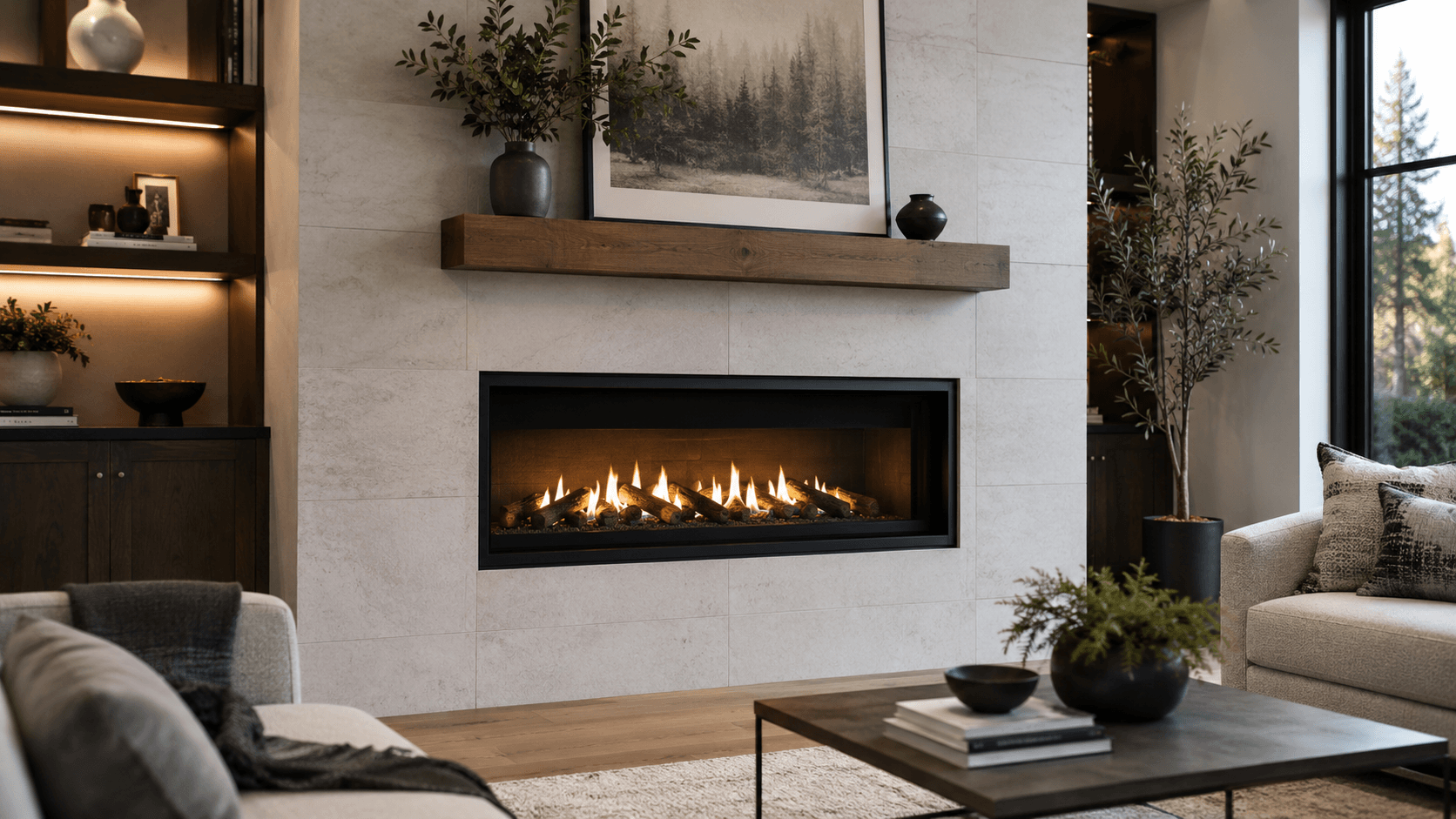 Modern direct vent gas fireplace installed in a finished living room wall
