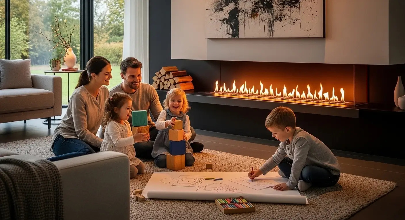 Family relaxing by a modern linear gas fireplace