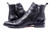 Black double buckle leather ankle boots/side