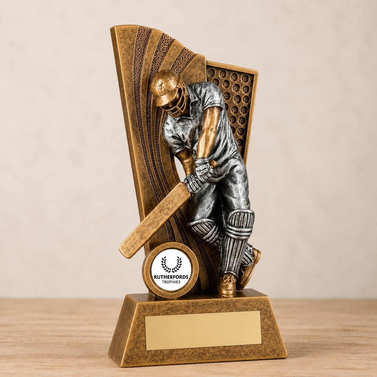Antique gold and silver cricket batter trophy with a blank personalised engraving plate