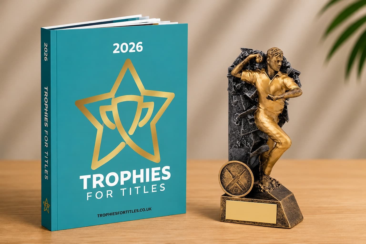 2026 trophy catalogue displayed with a cricket award on a wooden surface
