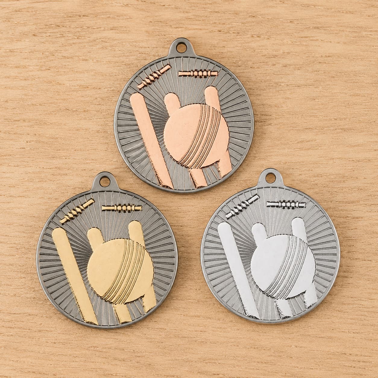 Bronze, gold and silver cricket medals displayed on a light wooden background