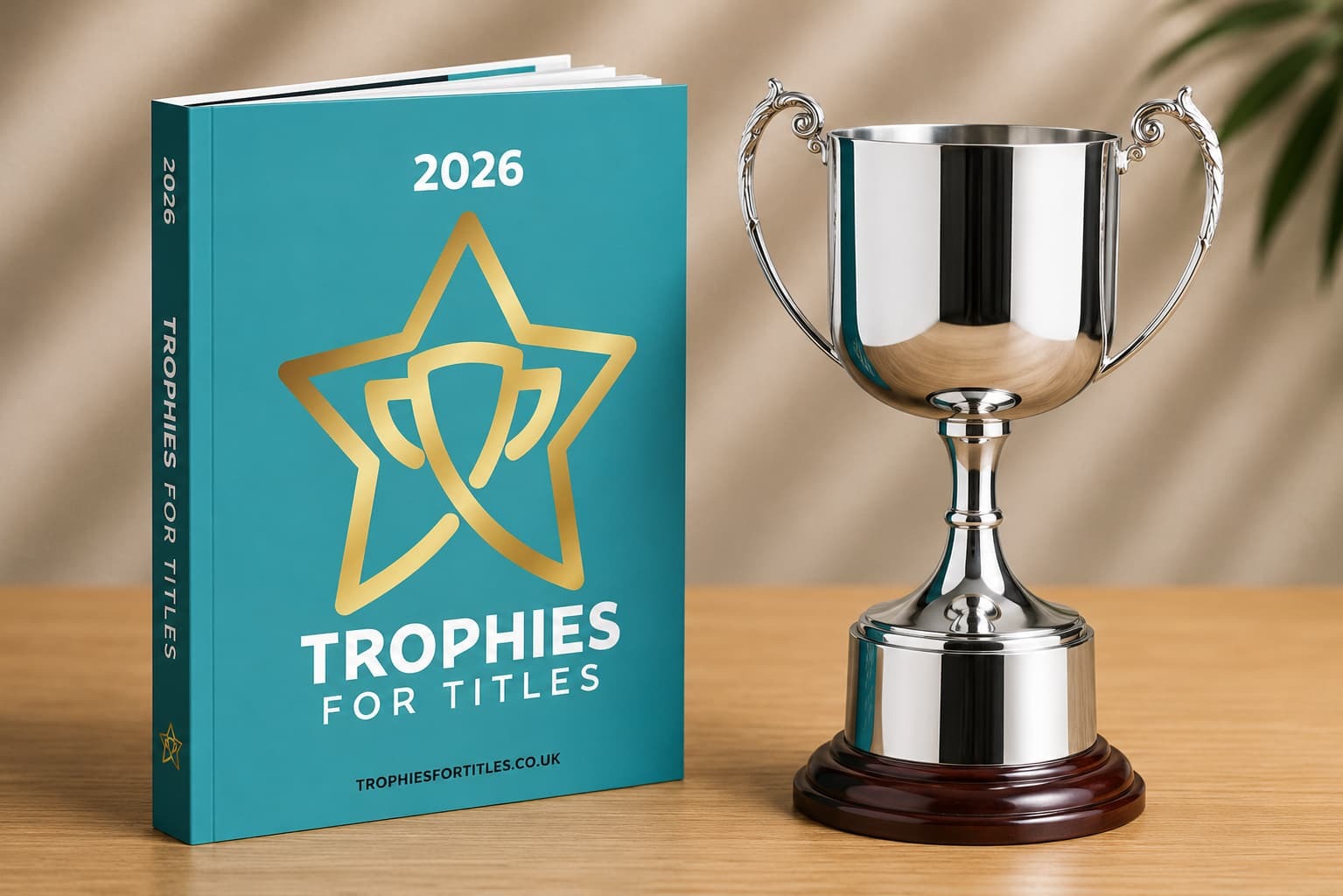 Silver trophy cup with 2026 Trophies For Titles catalogue