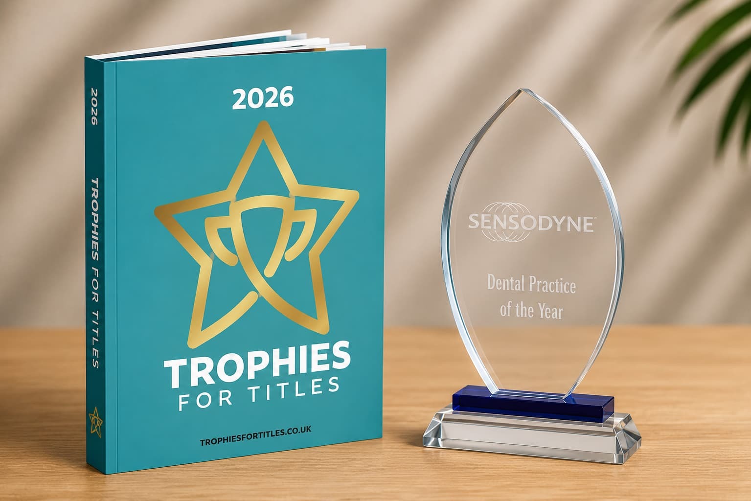 2026 Trophies for Titles catalogue with engraved glass award