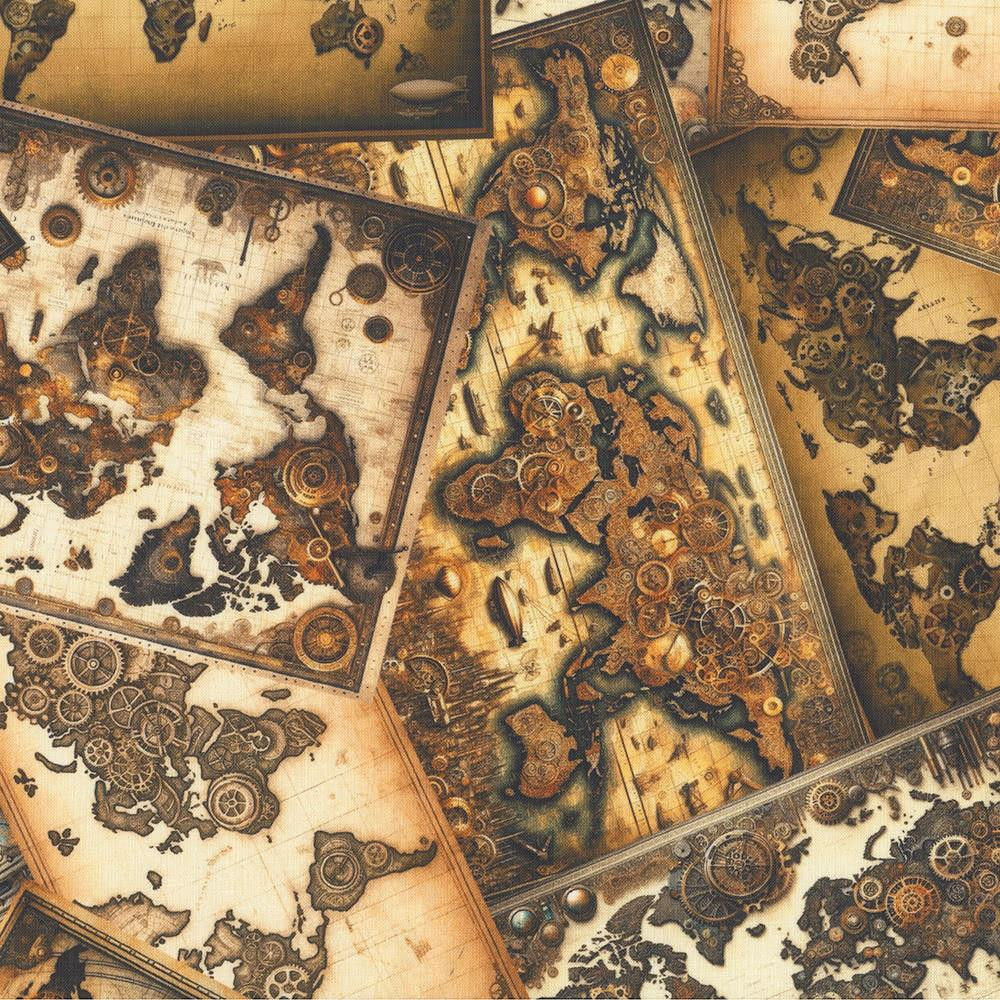 In The Beginning Fabrics Steampunk Menagerie by Jason Yenter Grey Gold Maps  | Quilt Fabric