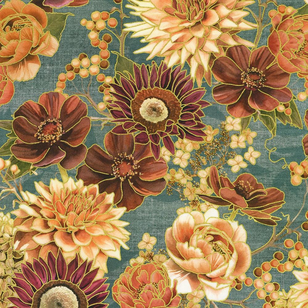 roku リメイクフラワープリントブルゾン Robert Kaufman Fabrics Hello Fall Dusty Blue Mums Dahlias