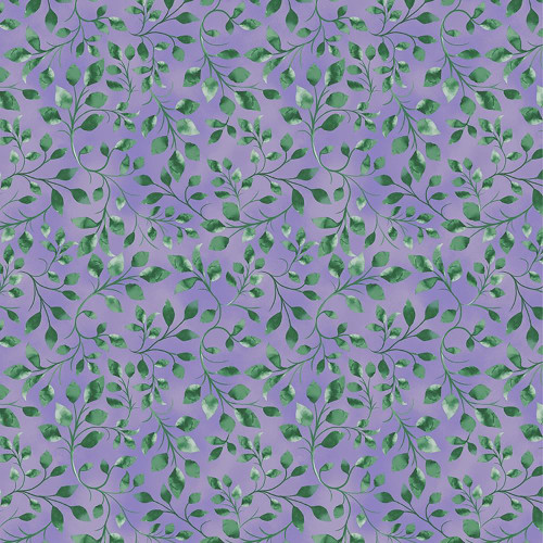 Windham Fabrics Violeta Whistler Studios Periwinkle Blue Purple Climbing Vine, fabric with a Periwinkle Blue and Purple background featuring green climbing vine and leaf pattern.