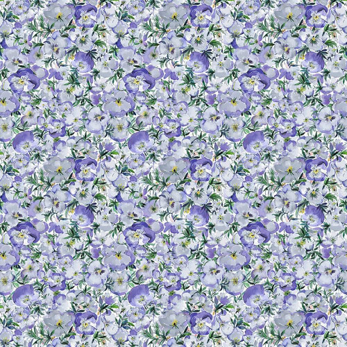 Windham Fabrics Violeta Whistler Studios Periwinkle Blue Purple Perfect Pansies, detailed floral fabric pattern featuring violet, periwinkle, blue, and purple pansy flowers with green leaves.
