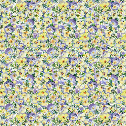 Windham Fabrics Violeta Whistler Studios Yellow Perfect Pansies, a colorful floral fabric with yellow and purple pansies and green leaves.