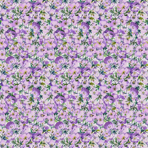 Windham Fabrics Violeta Whistler Studios Lilac Purple Perfect Pansies, purple floral fabric pattern with detailed pansy flowers and green leaves.