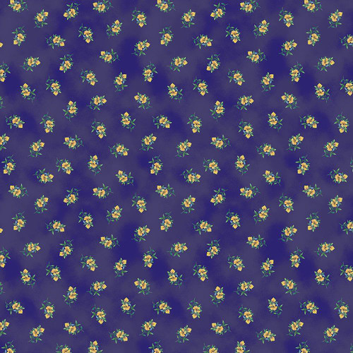 Windham Fabrics Violeta Whistler Studios Royal Blue Petite Pickings, a fabric with a floral pattern of small yellow flowers with green leaves on a rich royal blue background.