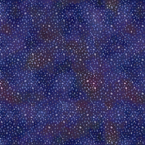 Windham Fabrics Violeta Whistler Studios Midnight Blue Speckle, fabric pattern featuring a dark blue background adorned with small, irregular speckles in various shades of blue and purple.