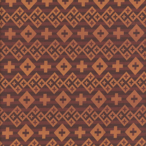 Windham Fabrics Copper Sky Kassie Kussman Burnt Sienna Brown Peace Rising, fabric pattern featuring geometric shapes with crosses and diamonds in warm brown and sienna tones.