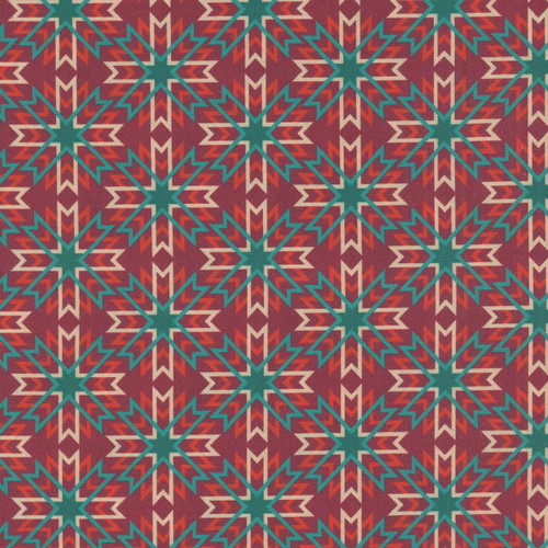 Windham Fabrics Copper Sky Kassie Kussman Red Earth Star Weaver, vibrant Southwestern-style fabric with geometric star patterns in red, turquoise, and beige colors.
