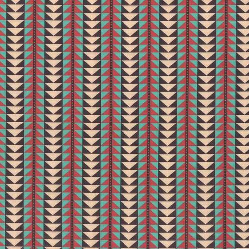 Windham Fabrics Copper Sky Kassie Kussman Multi Sky Blue Arrow Trail fabric, vibrant geometric pattern with arrows in sky blue, terracotta, black, white, and yellow accents.