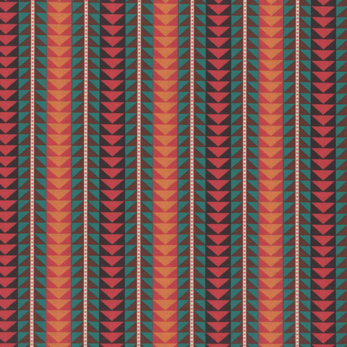 Windham Fabrics Copper Sky Kassie Kussman Multi Earth Brown Arrow Trail, fabric featuring a geometric pattern with vertical stripes of small arrows in earth tones of brown, orange, teal, and black.