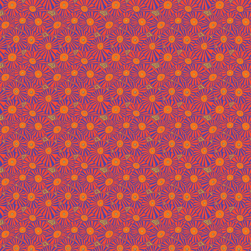 FreeSpirit Fabrics Kaffe Fassett Collective Bits & Bobs by Brandon Mably Brollies Red, colorful fabric pattern with red umbrellas, orange circular centers, and intricate purple and yellow geometric details.
