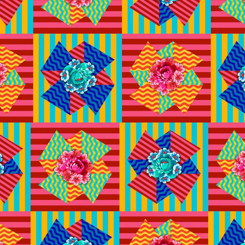 FreeSpirit Fabrics Riviera Odile Bailloeul Mistral Tile Pinwheel Red Yellow Blue, colorful geometric pattern with flowers and striped tiles.