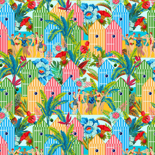 FreeSpirit Fabrics Riviera Odile Bailloeul St Tropez Bright Yellow Green Blue Pink, vibrant beach scene fabric pattern with colorful beach huts, tropical flowers, and women in swimwear.