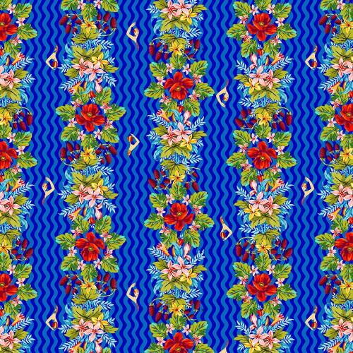 FreeSpirit Fabrics Riviera Odile Bailloeul Poolside Blue Floral Column Swimmers, vibrant floral pattern with hibiscus, plumeria, and berries on a blue wavy background, perfect for swimwear and summer fabrics.