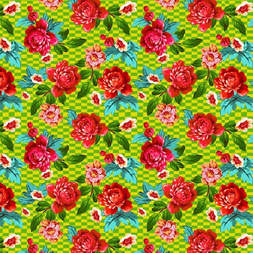 FreeSpirit Fabrics Riviera Odile Bailloeul Mini Al Fresco Green, floral fabric pattern with red and pink roses, green leaves, and a checkered yellow and green background.