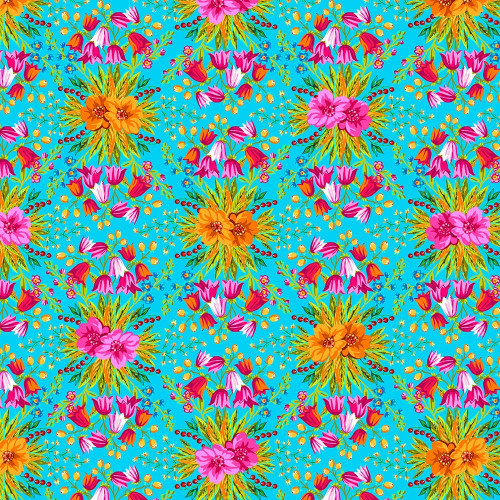 FreeSpirit Fabrics Riviera Odile Bailloeul Terrace Floral Blue, vibrant floral pattern with pink, orange, red, and blue flowers on a bright turquoise background.