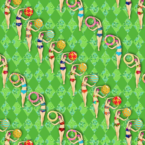 FreeSpirit Fabrics Riviera Odile Bailloeul Beach Club Harlequin Swimmers Green fabric with a playful pattern of women in swimsuits holding colorful beach balls on a green tiled background.