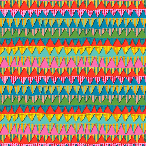 FreeSpirit Fabrics Riviera Odile Bailloeul Flags Bright Orange Pink Blue, colorful fabric with a vibrant repeating pattern of triangular flags in various bright colors.