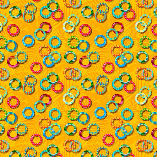 FreeSpirit Fabrics Riviera Odile Bailloeul Lazy Loops Yellow, colorful loop-patterned fabric with a bright yellow background and leaf motifs.