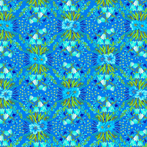FreeSpirit Fabrics Riviera Odile Bailloeul Mini Terrace Floral Night Blue, detailed floral pattern with blue, white, green, and yellow flowers on a dark blue background.