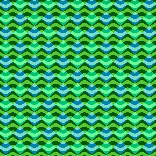 FreeSpirit Fabrics Riviera Odile Bailloeul Cannes Green, fabric pattern with a geometric design of wavy shapes in shades of green and blue