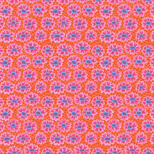 FreeSpirit Fabrics Kaffe Fassett Collective Bits & Bobs by Brandon Mably Flower Net Red, vibrant fabric featuring a floral pattern with pink flowers, blue centers, and an orange background.