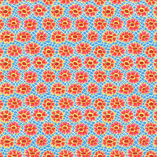 FreeSpirit Fabrics Kaffe Fassett Collective Bits & Bobs by Brandon Mably Flower Net Blue, close-up of a vibrant floral fabric pattern with pink and yellow flowers on a blue background.