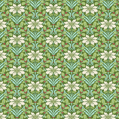 Andover Fabrics Snowberry Poinsettia Spruce Green, floral holiday pattern with white poinsettia flowers, green holly leaves, and red berries on a green background.