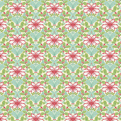 Andover Fabrics Snowberry Poinsettia Frost Blue, a detailed floral pattern featuring red poinsettias, green leaves, and blue accents suitable for holiday themed fabric projects.