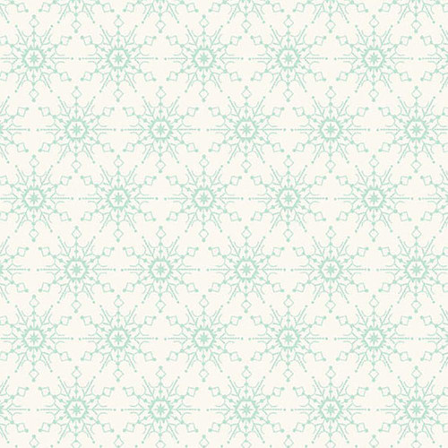 Andover Fabrics Snowberry Flakes Powder Blue, fabric with a delicate pattern of snowflake motifs in powder blue on white background.