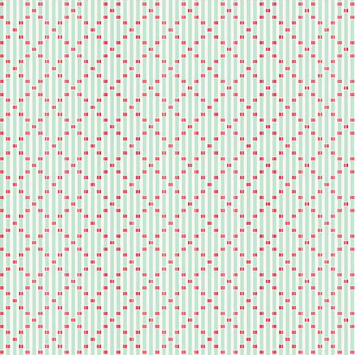 Andover Fabrics Snowberry Lattice Stripe Frost Blue, fabric featuring a pattern of light blue and red lattice stripes on a white background.